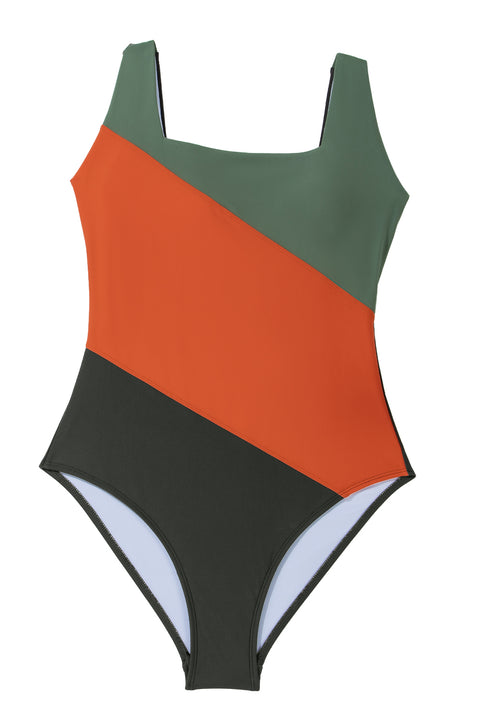 Duffel Green Color Block Padded Square Neck One Piece Swimsuit