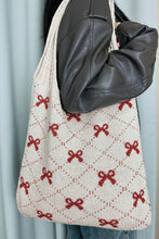 Fiery Red Bow Argyle Pattern Cable Knit Handle Tote Bag