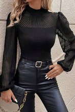 Black Stand Collar Striped Mesh Lantern Sleeve Blouse