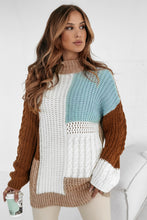 Khaki Mix Textured Knit Colorblock Patchwork Sweater