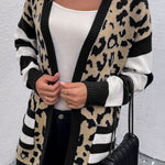 Black Stripe Sleeve Leopard Print Open Front Cardigan With Pockets