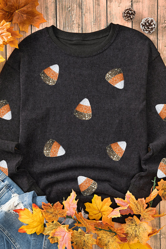 Black Sequin Candy Corn Patched Corded Halloween Sweatshirt