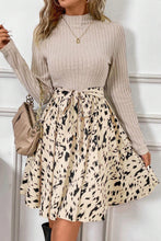 Beige Ribbed Knit Patchwork Printed Belted A-line Dress