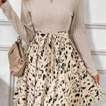 Beige Ribbed Knit Patchwork Printed Belted A-line Dress