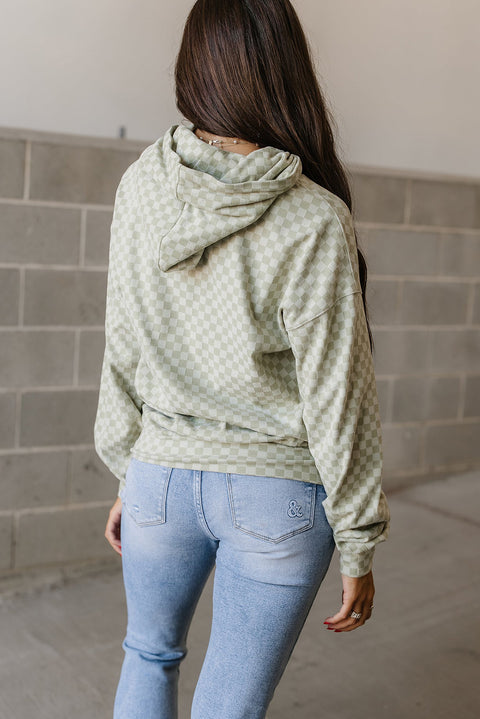 Green Checkered Print Kangaroo Pocket Drawstring Hoodie