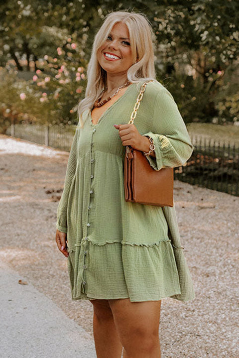 Green Textured Ruffled Buttoned V Neck Plus Size Mini Dress