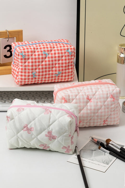 Pink Sweet Bow Knot Print Quilted Zipper Cosmetic Bag