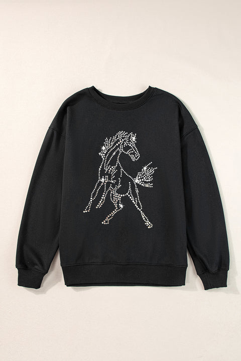 Black Rhinestone Horse Drop Shoulder Crewneck Sweatshirt