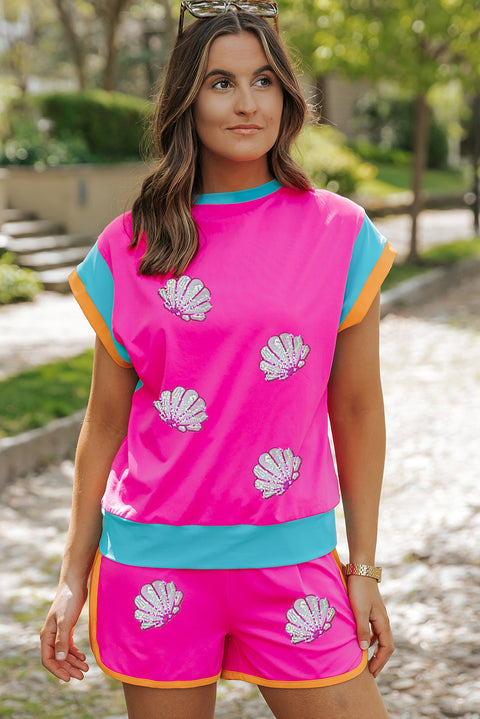 Rose Red Shell Print Color Block T Shirt and Shorts Set