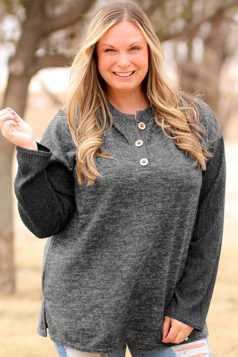 Black Plus Size Ribbed Long Sleeve Henley Top