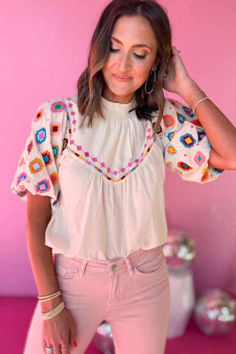 White Embroidered Smocked Neck Puff Sleeve Top