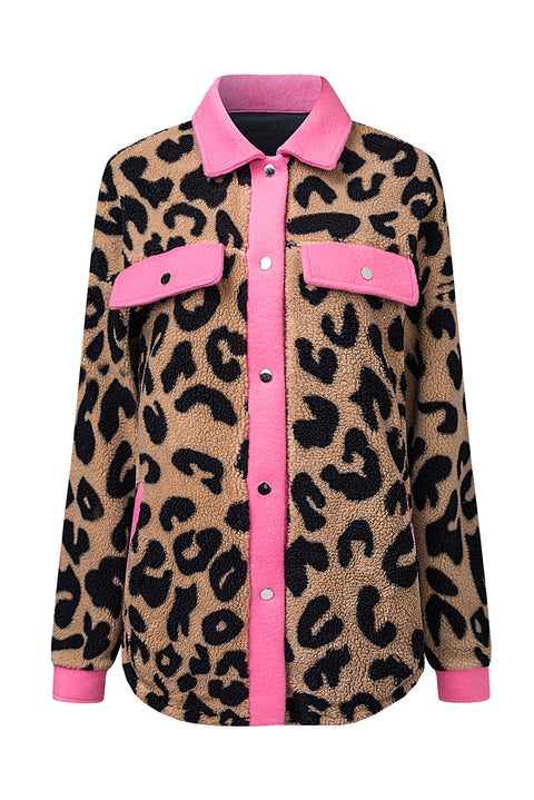 Sobrecamisa teddy de leopardo con ribetes en contraste