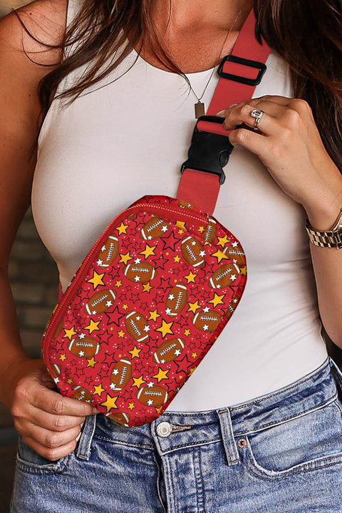 Fiery Red Rugby Star Printed Buckle Strap Crossbody Bag