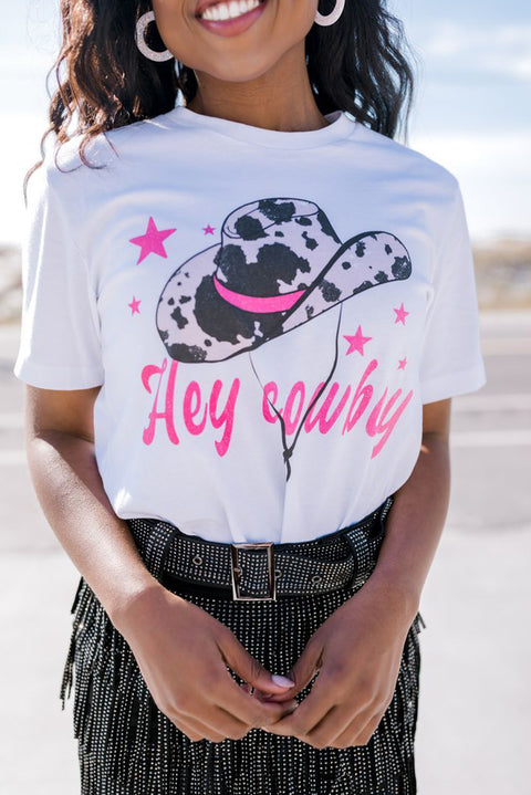 White Hey Cowboy Hat Star Print Round Neck T Shirt