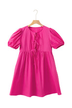 Bright Pink Solid Color Puff Sleeve Tie Front High Waist Mini Dress