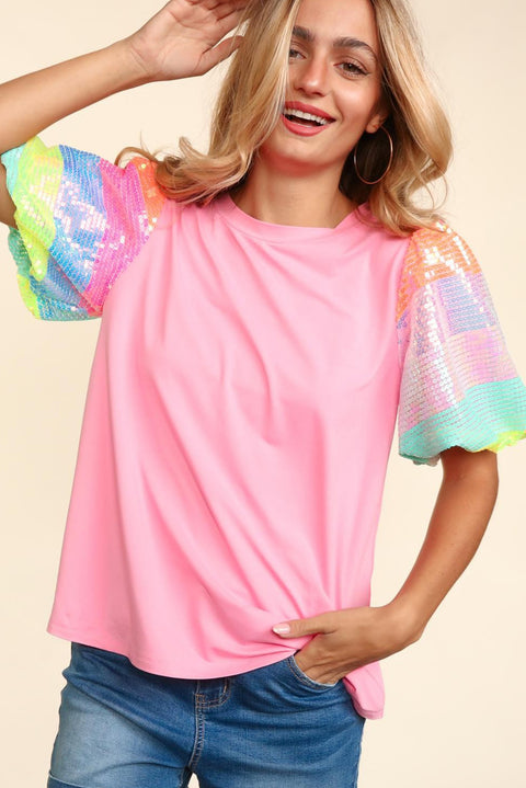 Pink Sequin Colorblock Striped Puff Sleeve Top