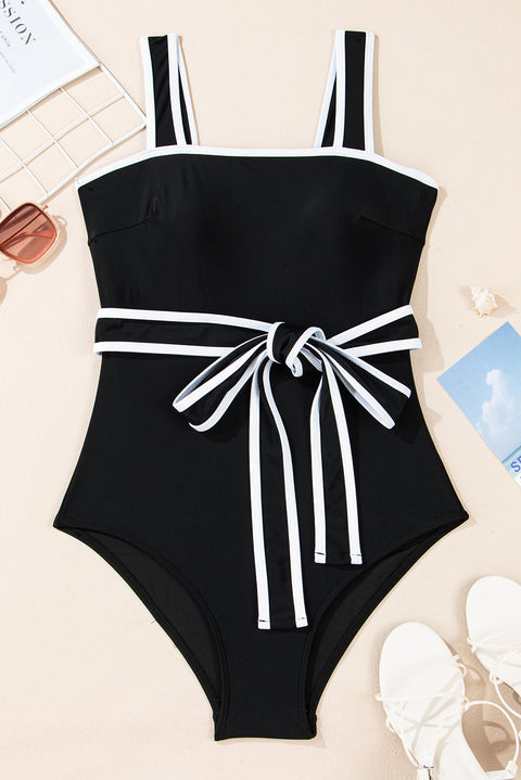 Black Colorblock Edge Belted One Piece Swimsuit