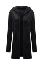 Black Horizontal Rib Knitted Open Front Hooded Cardigan