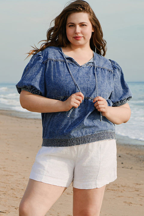 Sail Blue Plus Drawstring V Neck Puff Sleeve Denim Blouse