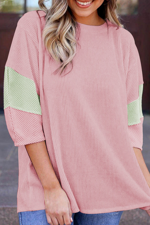 Light Pink Color Block Ribbed Knit Quarter Sleeve Top