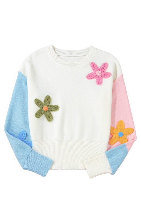 Multicolour Floral Embroidered Colorblock Fuzzy Drop Shoulder Sweater