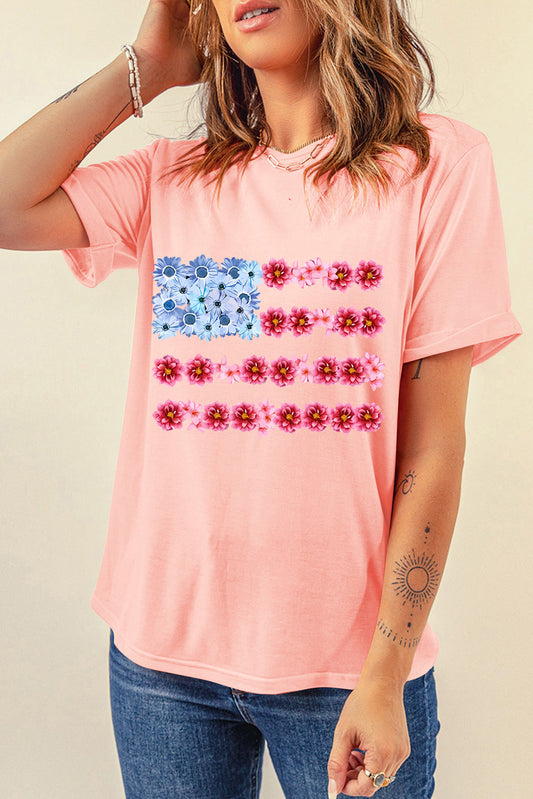 Pink Floral Printed Crew Neck Flag Day T Shirt