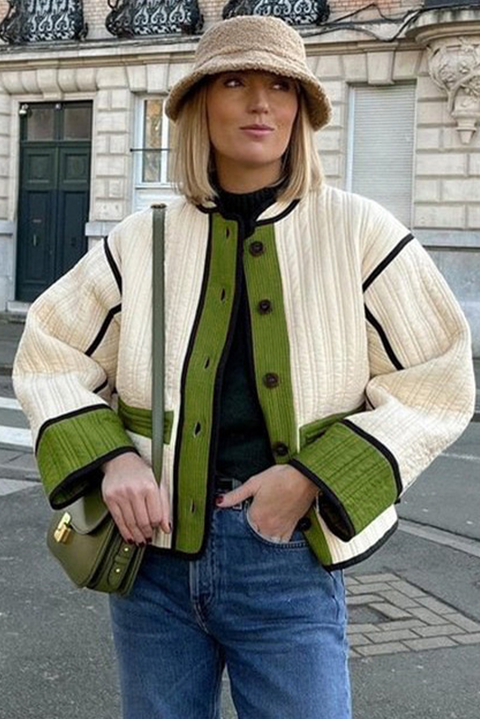 Fern Green Quilted Colorblock Button Up Puffer Coat