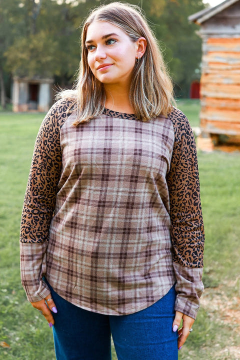 Chestnut Plus Size Leopard Raglan Sleeve Plaid Top