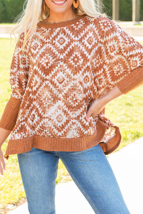 White Printed Aztec Print Bishop Sleeve Ribbed Trim Blouse