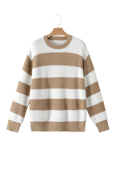 Light French Beige Colorblock Striped Drop Shoulder Side Slit Sweater