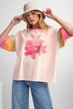 Pink Flower Color Block Half Sleeve Loose T Shirt