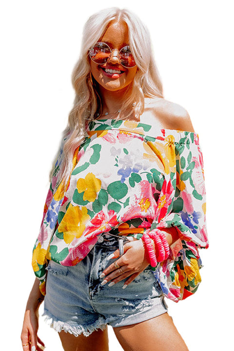 Water Painting Flowers Puff Sleeve Blouse