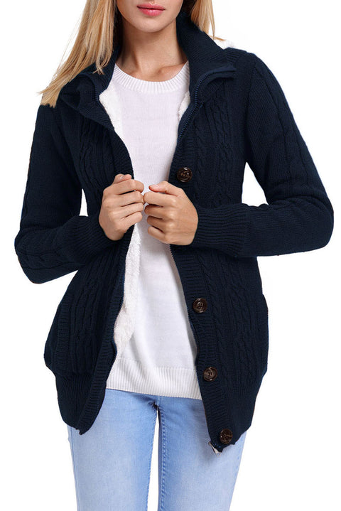 Navy Blue Long Sleeve Button-up Hooded Cardigans