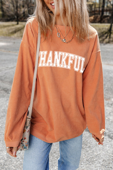 Orange THANKFUL Ribbed Crew Neck Pullover Sweatshirt