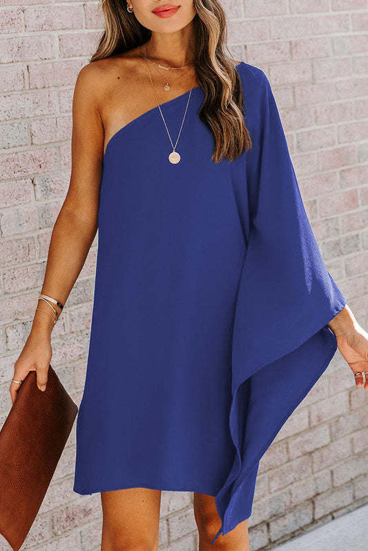 Blue Solid Color One Shoulder Batwing Sleeve Mini Dress
