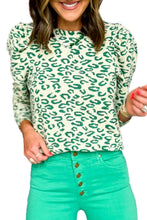 Blackish Green Leopard Print Mock Neck Puff Sleeve Top