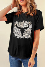 Black Western Leopard Steer Head Print Casual T Shirt