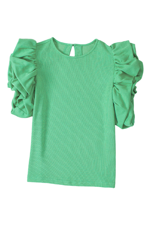 Green Ribbed Knit Puffy Ruffle Sleeve Blouse