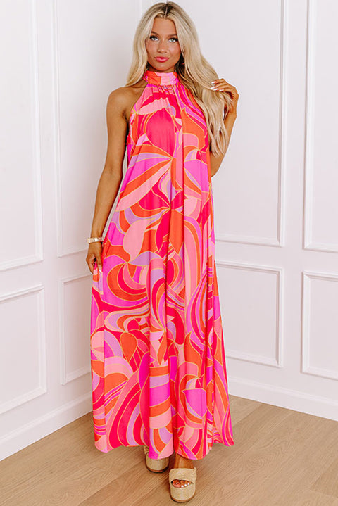 Rose Abstract Printed High Neck Knotted Nape Sleeveless Maxi Dress