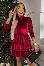 Racing Red Velvet High Neck Tiered Ruffle Mini Dress