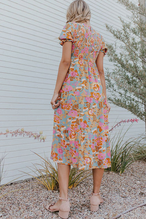 Sky Blue Floral Bubble Sleeve Smocked Flowy Ruffle Dress