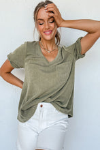 Laurel Green Twist Short Sleeve Corded V Neck Top