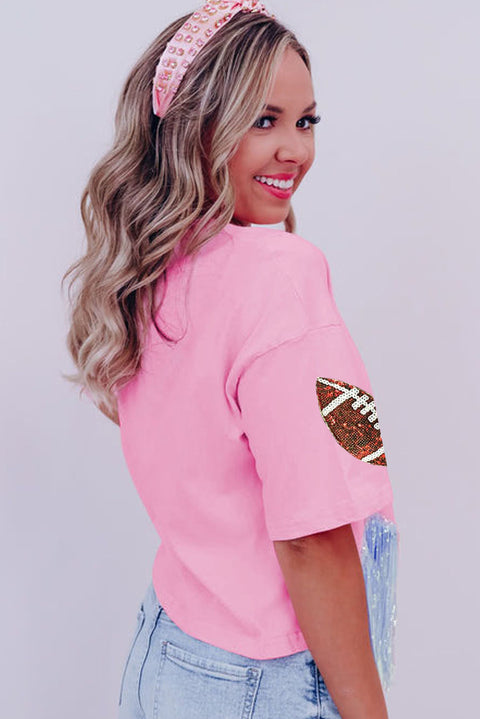 Pink Sequined Rugby Fringe Hem Cropped T Shirt