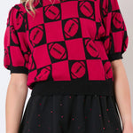 Red Rugby Plaid Color Block Puff Short Sleeve Sweater