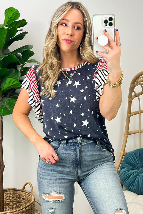 Gray Striped Ruffled Sleeve Star Print T Shirt