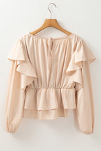 Oatmeal Lace-up Keyhole Back Ruffled Peplum Blouse