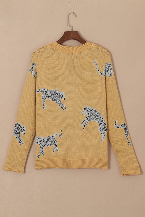 Camel Fuzzy Cheetah Accent Round Neck Sweater