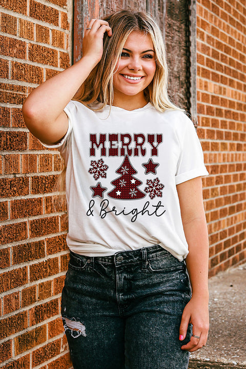 White MERRY and Bright Plaid Print Christmas Crewneck T Shirt