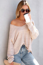 Pink Waffled Knit Long Sleeve V-Neck Frayed Top