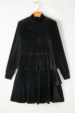 Black Velvet High Neck Tiered Ruffle Mini Dress